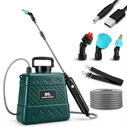 Drucksprüher 5 Liter, Elektrischer Pflanzensprüher, Gartenspritze, Elektrisches Drucksprühgerät mit 3 Nebeldüsen, Teleskopsprüher, Verstellbarem Schultergurt, Akku Drucksprüher, für Rasen, Garten