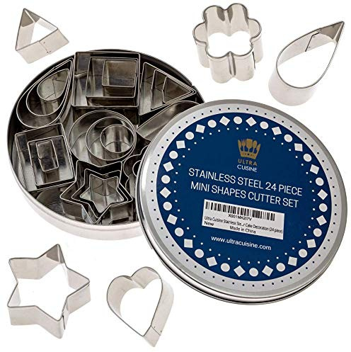 Ultra Cuisine 24pcs Mini Cookie Cutter Shapes Set - 100% Stainless Steel Small Molds To Cut Out Pastry Dough Pie Crust & Fruit - Steel Cutters Cut Tiny Heart Shapes - Bake Like A Pro For A Lifetime