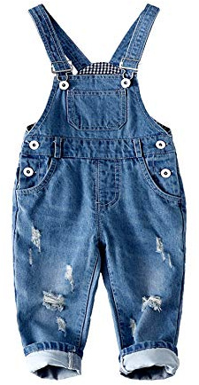 KIDSCOOL Salopette Jeans Bambino, Tuta con Bavaglino e Strappi, Fodera a Quadretti