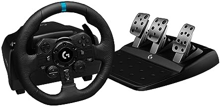 Logitech G923 Racing Wheel and Pedals, TRUEFORCE up to 1000 Hz Force Feedback, Gaming Steering Wheel PS5, PS4, PC, Mac, Genuine Leather- Black
