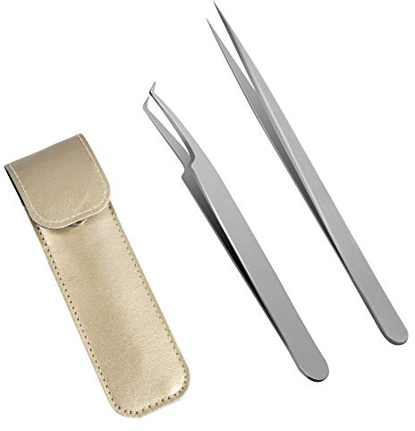 Lunamoon Pince Extension Cils Pince à épiler pour cils Extension à bouts Pointus droit et courbé Nipper 2pcs Professionnel en acier inoxydable Brucelles de précision Set (tweezers set01)