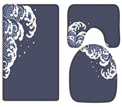 A.Monamour Badezimmer Badematte 3 Teilig Set Asiatischer Japanischer Stil Meer Ozean Wellen Blauer Flanell WC Toilette Deckel Deckt Bad Matte Teppich Badteppiche Badvorleger Badgarnitur Vorleger