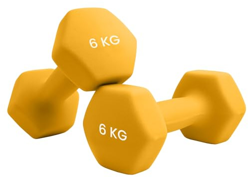unycos - Par de Mancuernas Antideslizantes de Neopreno, Pesas【6 kg】Ergonómicas con Diseño Hexagonal y Anti-Rodadura, Resistentes, Ideales para Entrenamiento de Fuerza y Gimnasio en Casa (Amarillo)