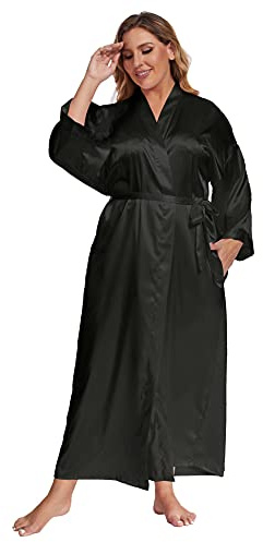 feslieacc Women's Plus Size Long Satin Robes Plus Size Long Silk Robes Kimonos Sleepwear Black, 4X/5X