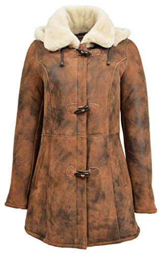 House Of Leather Womens Real Sheepskin Duffle Coat Detachable Hoodie Parka Ellen Vintage Brown (14)