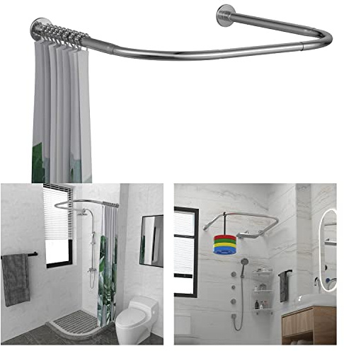 Tanxih Eck-Duschvorhangstange, verstellbar, Edelstahl, U-förmig, ohne Bohren, für Badezimmer, Bekleidungsgeschäft (U-förmig Silber, Länge auf beiden Seiten: 80-120 cm, mittlere Breite: 88-110 cm)