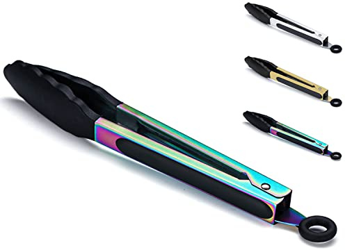 Kitchen Tongs for Cooking Grill & BBQ, Kyraton Stainless Steel 9 Cooking Tongs Heat Resistant Handle Non Slip, Kitchen Tongs with Silicon Tips for Salad,Ice,Fry, Serving,Oven. (Rainbow)