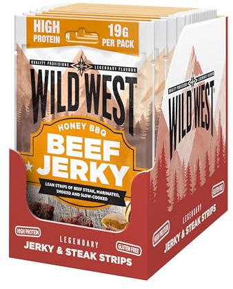 Wild West Beef Jerky, 16 x 60g Honey BBQ Rindfleisch, Beef Jerky high Protein Trockenfleisch, Protein Snack