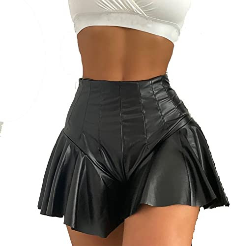 Ledershorts Damen Sexy Wetlook Lack und Leder Mini Lederrock Shorts Frauen Hotpants Festival Rave Techno Pole Dance Outfit Lara Croft Kostüm Halloween Karneval Party Faschingskostüme Schwarz 10 L