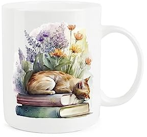 Purely Home Ginger Cat Mug - Cute Sleeping Cat White Garden Gift/Present Mug - Tea Coffee White Bone China Mug