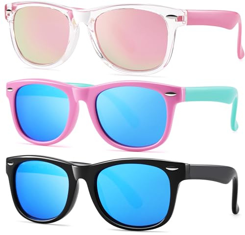 Pro Acme Kids Polarized Sunglasses, Flexible TPEE Frame Shades for Toddler Girls Boys, Ages 3-12（A1 Pink/Blue + Black/Blue + Crystal/Pink Mirrored）