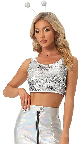 Allegra K Damen Ärmellos Pailletten Top Party Oberteil Club Cami Bauchfrei Tank Top Bluse Silber XXL
