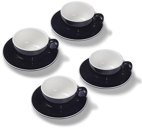 Terra Home 4er Milchkaffee-Tassen Set - Schwarz, 350 ml, Glossy, Porzellan, Dickwandig, Spülmaschinenfest, italienisches Design - Kaffee-Tassen Set mit Untertassen