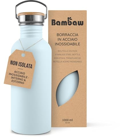 Bambaw Edelstahl Trinkflasche 1 Liter, Nicht-isolierte Edelstahl Trinkflasche Blau, Trinkflasche 1l Spülmaschinenfest, Trinkflasche aus Metall – Eisblau
