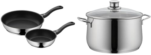 WMF Juego de sartenes Devil de 2 piezas, sartén de 28 cm + 20 cm, sartén de inducción & Diadem Plus - Olla Baja 6.5 L Ø24 cm, Acero Inoxidable Cromargan, con Tapa de Cristal