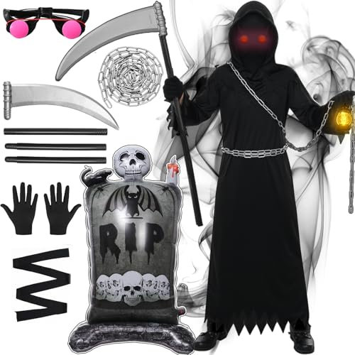 HarnyLoom Costume da Tristo Mietitore per Bambini Adulti, Spaventoso Falce Triste Halloween Mantello Vestito Fantasia Donne Uomini con Catena di Sythe Grim Halloween Cape Robe (Adulta, XL(175-185))