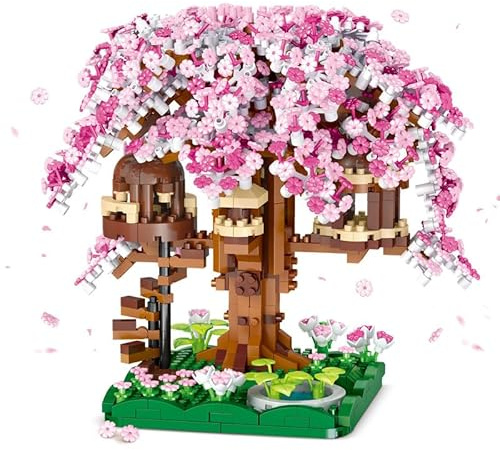 Tirff Kirschblüte Baumhaus, Sakura Bonsai Baum Bausatz, 1109 Klemmbausteine Sakura Baumhaus Modellsets für Erwachsene