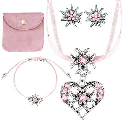 TaimeiMao Trachtenkette mit Strass Edelweiß Herz Anhänger, Edelweiß Armband und Edelweiß Ohrstecker (Anzug)
