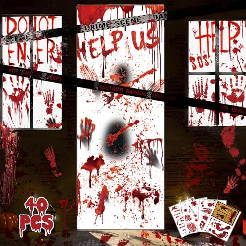 Halloween Deko Innen Gruselig Fensterbilder - Halloween Fensterdekorationen Zombie Poster Set Wiederverwendbare Zubehör, Gruselige Blutige Handabdrücke Fußabdrücke Wandaufkleber Dekoration