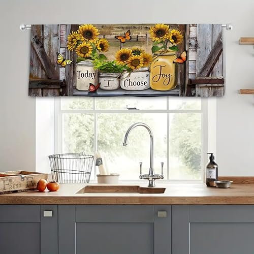 Famiffty Sunflower Vintage Landhaus-Küchenvorhänge, 132 x 45 cm (B x L), Volant, Stangentasche, Braun, alte Scheunentür, Schmetterling, kurze Café-Ebenen-Vorhänge, Holz, Blumenmuster, Badezimmer,