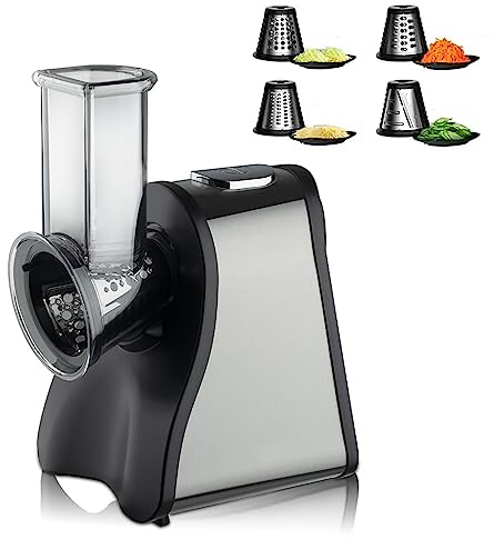 CHANGLKJ Electric Salad Machine, Electric Cheese Grater, 200 W Vegetable Shredder 4 Interchangeable Blades, One Button Control and Easy To Clean, For Cheeses and Nuts Cookie, Chips and Fruit