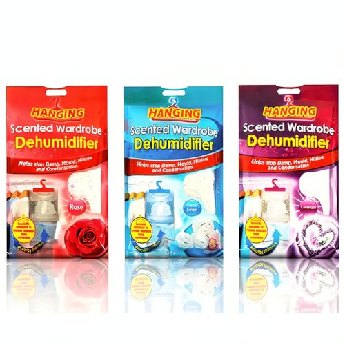 Dehumidifiers Hanging – Set of 3 Scented Moisture Absorbers (Rose, Lavender & Fresh Linen) – Prevents Damp, Mould & Mildew – Ideal for Cupboards, Wardrobes, Caravans & Home Use