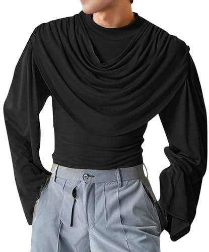 Maglietta a maniche lunghe da uomo, scollo a cascata, maniche a campana, slim fit, a maniche lunghe, a collo alto, tinta unita, alla moda, con camicia intima piegata, Nero , XL
