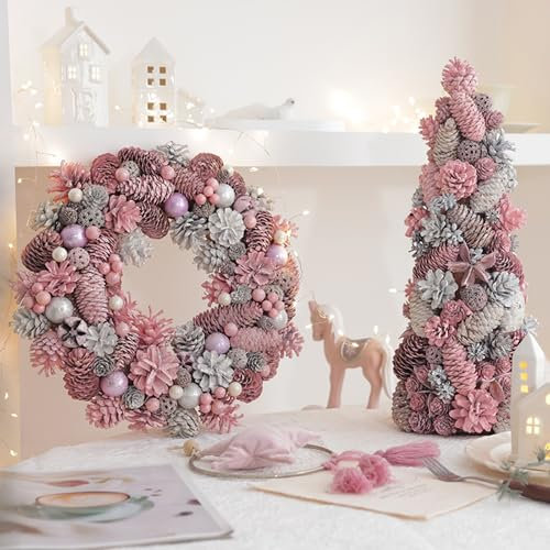 WRYSQBHJYB 2er-Pack Türkranz Weihnachten und Weihnachtsbaum, Rosa Künstliche Girlande mit Tannenzapfen, Realistische Weihnachtskranz für Die Haustür Oder Hochzeitsfeier