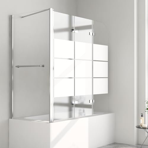 Duschwand für Badewanne mit Seitenwand, Duschwand 120 x 70 x 140 cm 3-teilig Faltbar Badewannenaufsatz Badewannenfaltwand Duschtrennwand für Badewanne, 6mm ESG Milchglas mit Handtuchhalter