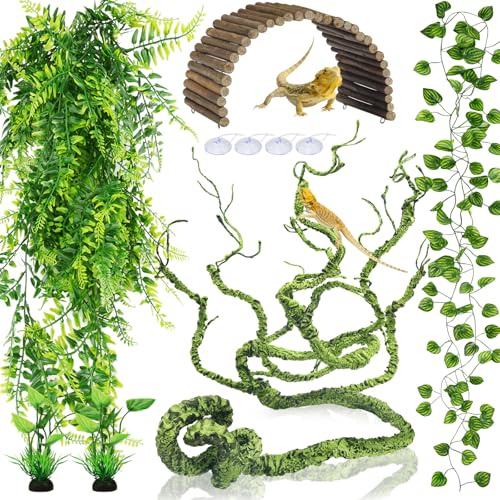 QUOZUO Accessori per serbatoio di drago barbuto, viti da appendere per terrario, foglie artificiali per rettili, ponte giungla rampicante, rampicante, rampicante, rampicante, serpente, drago,