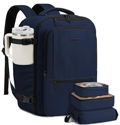 LOVEVOOK 40L Handgepäck Rucksack, Groß Reiserucksack Flugzeug Herren Damen 17 Zoll Laptop Rucksack, Wasserdicht Travel Backpack mit 3 Packing Cubes, Kofferrucksack Tasche für Arbeit Camping, Blau