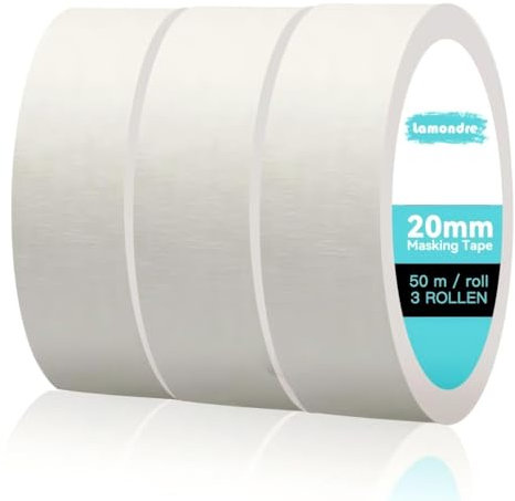 Lamondre Kreppband 3 Rollen 50 m x 20 mm Premium Universell Malerband, Malerkrepp Abklebeband für Malerei, Dekoration, Abdeckfolie bei Malerarbeiten, Rückstandfrei ablösbar