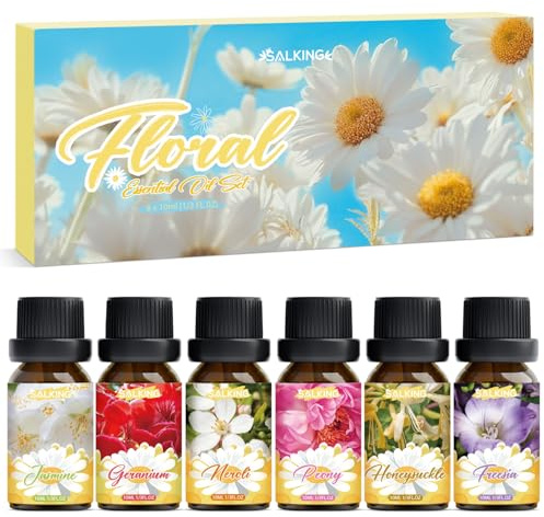 SALKING Blomma Eteriska oljor Set, Aromaterapi Doftolja Present Set, Doftoljor för Diffuser Luftfuktare, 6x10 ml Jasmin, Geranium, Neroli, Freesia, Kaprifol och Pion