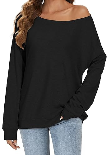 Womens Off Shoulder Tops Long Sleeve Oversized Thin Sweatshirt(SBK,2XL)