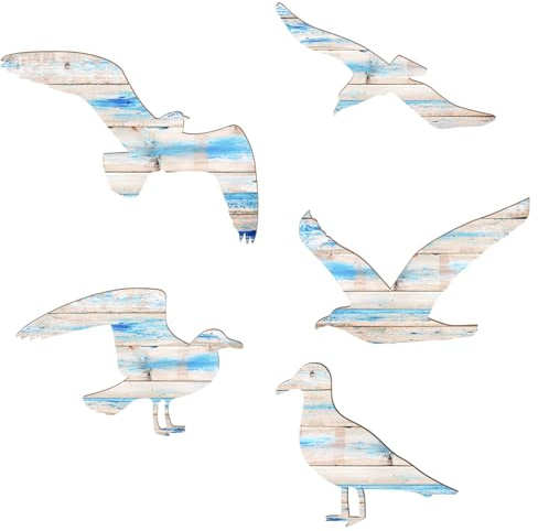 VEGOATY 5 teiliges Möwen Wanddeko, Strand-Wanddekor Maritime Holzoptik Vögel Wandkunst Holz Möwe deko Stranddekorationen Ozeandekorationen für Wohnzimmer, Schlafzimmer Seemöwen Wanddekoration Blau