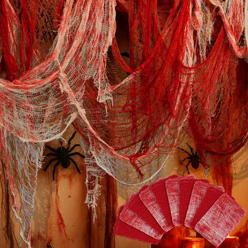 10 Stück Rotes blutiges Halloween Gruseltuch,76x180cm Gruseliger Stoff für Halloween,Gruseliges Tücher für Party Innen Außen Gruselhäuser Türen