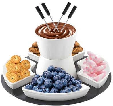 Fondue de chocolate de cerámica, juego de fondue con paleta de madera, 4 tenedores, 4 cuencos para aperitivos, fuente de chocolate con función de fusión, fondue de chocolate para cenas familiares