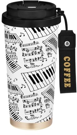 JUMBEAR Taza de viaje aislada al vacío con teclas de piano en blanco y negro, tazas de viaje reutilizables para café, taza de café de acero inoxidable de doble pared a prueba de fugas con tapa para