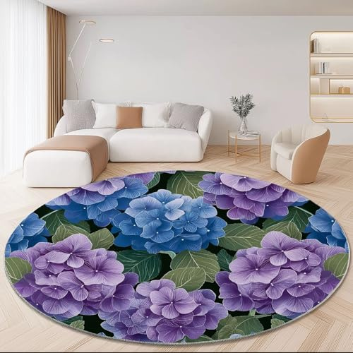 Generico Tappeto Rotondo Salotto Lavabile Eleganza Floreale Ortensia Stampa, Viola Blu Morbido Tappeto Rotondo con Supporto Antiscivolo, 180 cm Tappeti per Cameretta Bambino Ufficio Corridoio