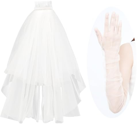 Juland Ensemble de voiles de mariage courts en maille avec gants, voile 2 couches de 35 à 50 cm et gants de mariée sans doigts en tulle de dentelle de 55 cm