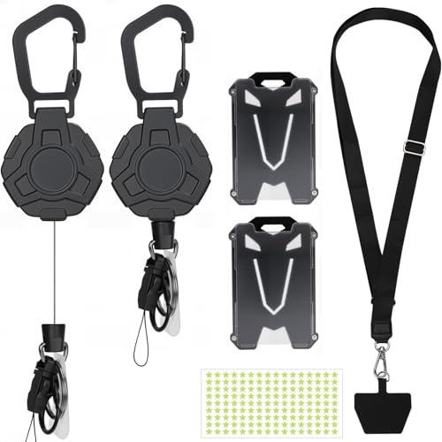 RiuCrepian 2 llaveros extensibles, llavero retráctil con cordón extraíble, 2 fundas para identificación, cadena de 80 cm, cuerda de acero extensible, hebilla de metal, 10 oz