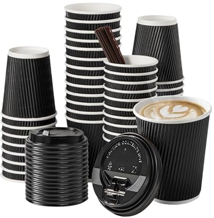4 oz Black Disposable Kraft Paper Ripple Cups with Lids - Pack of 50 Insulated Triple Wall Takeaway Drinking Cup - Great for Coffee, Tea, and Hot Drinks - Reusable, Leak Proof Travel or Office Cups