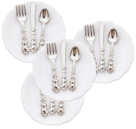 Ensemble de vaisselle de cuisine miniature à l'échelle 1/12 pour les amateurs de maisons de poupées avec assiettes et couverts 4 pièces pour présentation de cuisine miniature