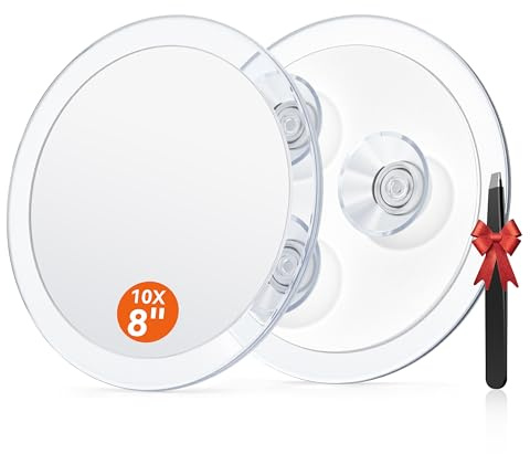 Auxmir Miroir Grossissant 10X Rond Mural avec 3 Ventouses, Miroir Cosmétique de Poche Portable avec Pince à Épiler pour Maquillage Épilation Elimination Points Noirs (20cm)