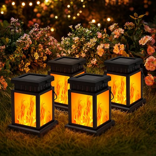 GIGALUMI Lot de 4 lampes solaires à suspendre pour l'extérieur, Effet de flamme, Étanche IP44, Décoration de jardin pour l'extérieur, Résistant aux intempéries, Lampes solaires pour patio