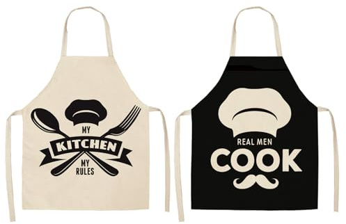 Embhlitfe Kitchen Cooking Apron, 2PCS Black and White Funny Aprons with Minimalist Graphics, Adjustable Oil-Proof Protective Bib Aprons for Women & Men, Baking, BBQ