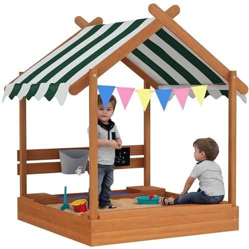 Outsunny Bac à sable en bois pour enfants, bac à sable en forme de maison avec 2 sièges, auvent, 6 fanions, 2 plateaux amovibles, robinet et ardoise, pour cour, jardin, 124 x 116 x 146 cm, orange
