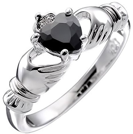 GWG Jewellery Sterlingsilber Claddagh Liebesring mit Schwarzenherz Stein, Händen und Krone – 9 in Geschenkbox für Frauen
