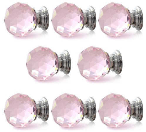 XCSSKG 8Pcs 30MM Pink Crystal Glass Diamond Cut Glass Door Knobs Kitchen Cabinet Drawer knobs+Screw Home Decorating (Pink)
