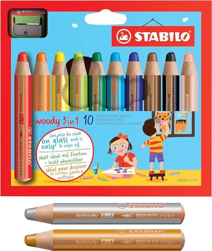 STABILO Buntstift, Wasserfarbe & Wachsmalkreide woody 3 in 1 | 10+2 Pack mit Spitzer - mit 10 verschiedene Farben + gold und silber